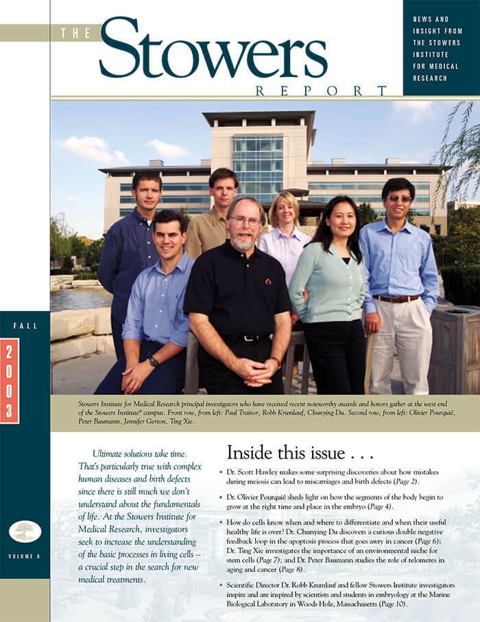 Cover of the 2003 Fall Stowers Report, the newsletter of the Stowers Institute