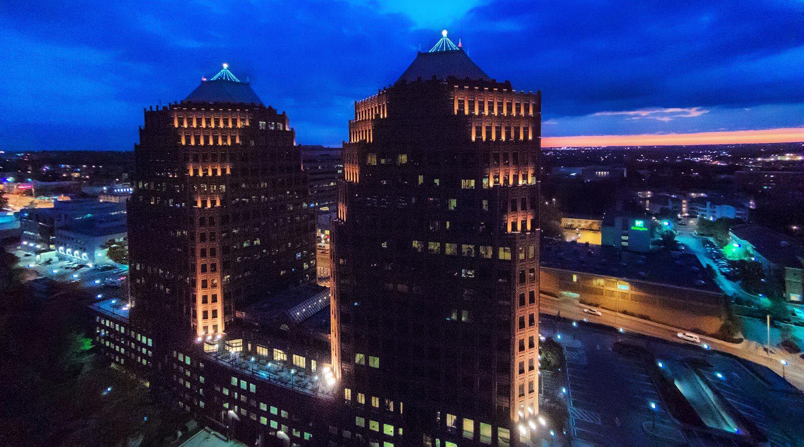 Aerial image of American Century Investments buildings at night