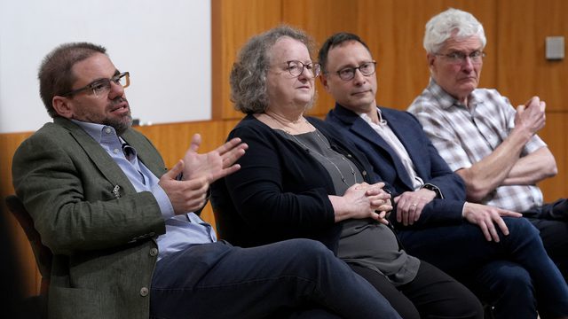 L-R: Dr. Michel Bagnat, Prof of Cell Biology, Duke University; Dr. Marnie Halpern, Prof and Chair of Molecular & Systems Biology
Geisel School of Medicine, Dartmouth College, Dartmouth College; Dr. Phil Newmark, Investigator, Morgridge Institute for Research and Prof. of Integrative Biology, University of Wisc. Madison; Dr. David Gross, Prof of Biochemistry and Molecular Biology, Louisiana Health Sciences Center. Faculty Edge July 11, 2024.