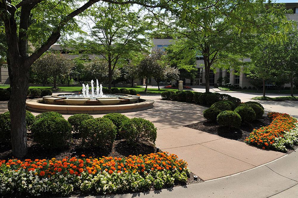 a fountain surrounded by trees and sidewalks and planted flowers