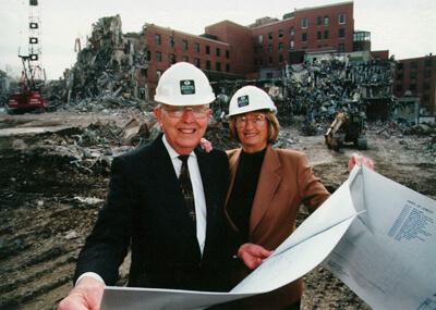 Image of Mr. and Mrs. Stowers during demolition of the old Menorah Hospital building.